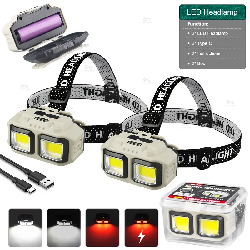 Headlamp Waterproof Rechargeable - Linterna frontal LED COB, recargable, resistente