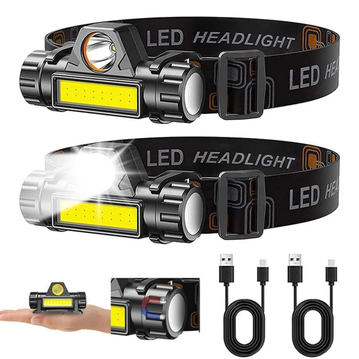 Headlamp Waterproof Rechargeable - Linterna frontal LED COB recargable, potente